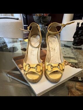Gucci Yellow Leather Ankle-Strap Horsebit Wedge Sandals